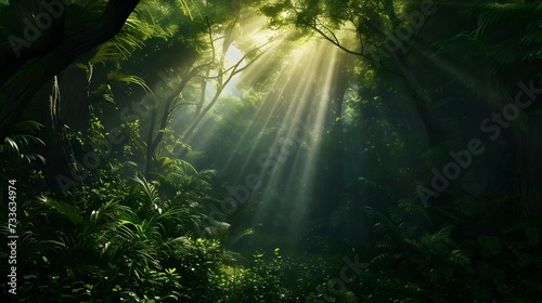 dark rainforest sun rays through the trees rich jungle greenery atmospheric fantasy forest 3d illustration