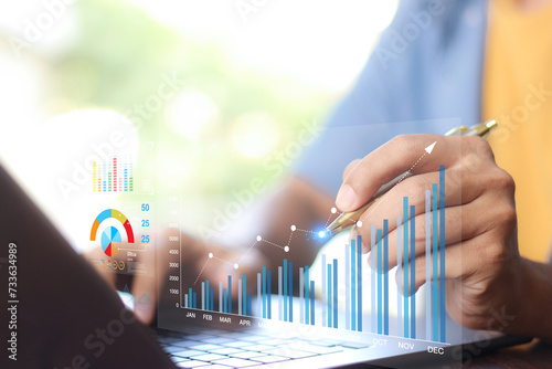 Data analyst working on business analytics dashboard with charts, with KPI and metrics connected to the database for technology finance, operations, sales, marketing photo