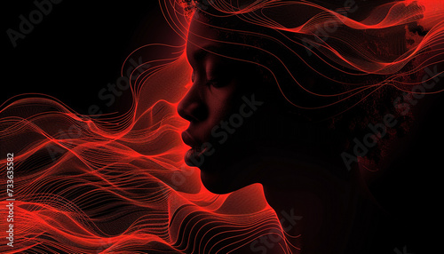 A serene profile of a woman with flowing abstract red lines on a dark background, evoking a sense of calm motion.