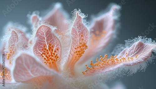 Macro shot capturing the intricate details of a flower's stamen and filaments, dusted with fine pollen against a soft backdrop.