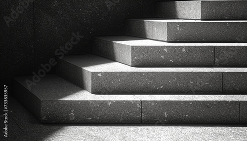 Close-up of minimalist architectural stairs with textured concrete surfaces illuminated by soft light. photo