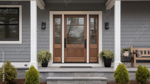 Welcoming Home Entrance with Gray Siding and Wooden Door Flanked by Potted Plants