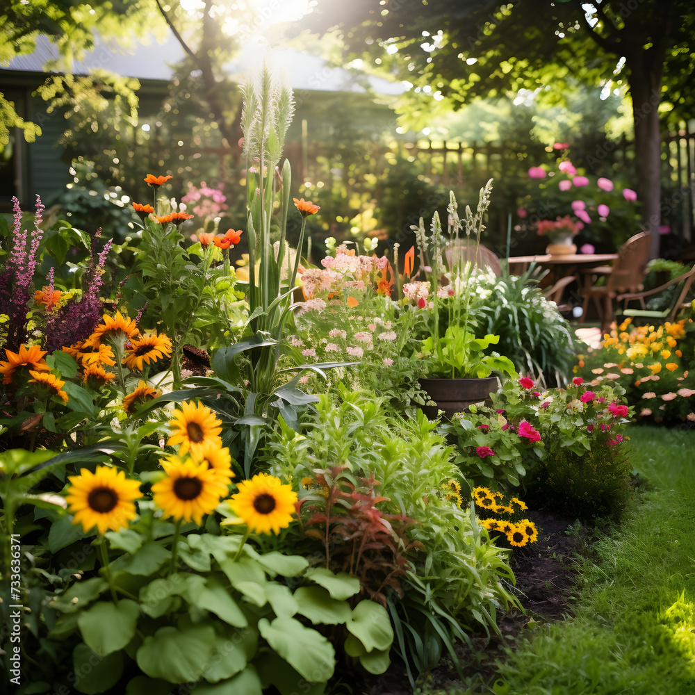 a lush green garden with various types of flowers