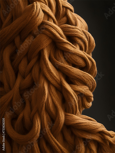 Yarn sculpture close-up. The sculpture is made of brown and light brown yarn and is set against a black background