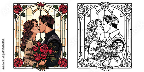 A couple with Bouquet of Red Roses Coloring Page Stained Glass Vector Art