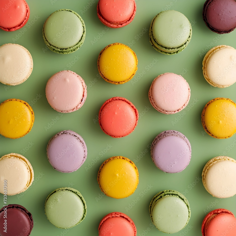 Colorful Macarons Cake, Top View Flat Lay on Green Background. Minimalist Food Pattern Colorful Macarons Cake, Top View Flat Lay on Green Background. Minimalist Food Pattern