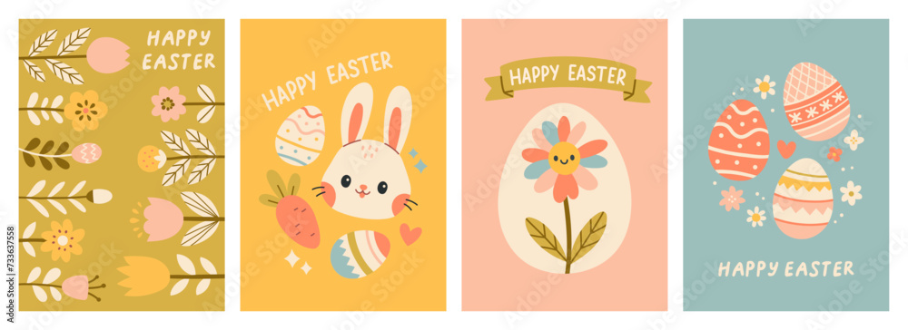 Cute Easter cards set. Spring collection of animals, flowers and decorations. For poster, card, scrapbooking , stickers