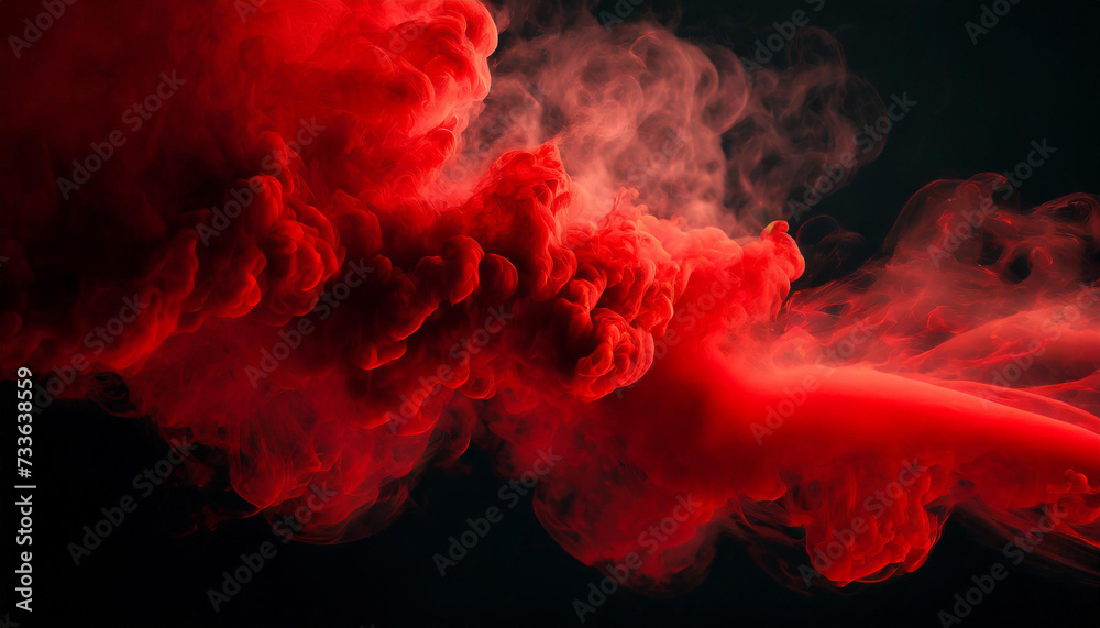 Fototapeta premium A vivid red smoke, swirling against a dark backdrop, creating a mystical aura. Ideal for themes of mystery, energy or art. The composition highlights the smoke’s fluid motion.