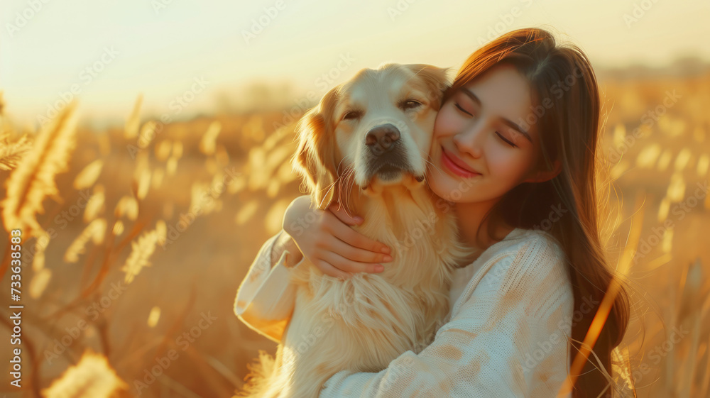 Summer Joy: Smiling Woman Hugging Golden Retriever Under Sunlight, Basking in the sunlight, a smiling woman shares a joyous moment with her Golden Retriever, surrounded by nature's warmth. Summer Joy: Smiling Woman Hugging Golden Retriever Under Sunlight, Basking in the sunlight, a smiling woman shares a joyous moment with her Golden Retriever, surrounded by nature's warmth.