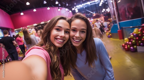 Two teenage girls take selfies in an amusement park. Have fun, Rest and Vacation concepts.