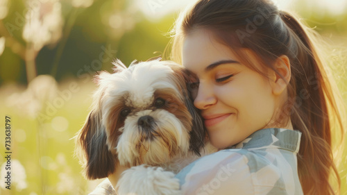 Young Woman and Shih Tzu Enjoying a Peaceful Moment, A peaceful embrace unfolds as a young woman holds her Shih Tzu close, amidst a serene field with soft pink flowers under the warm sunlight.