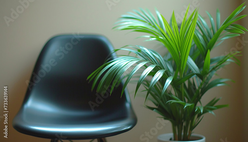 A sleek, modern black office chair beside a vibrant green potted plant, set in a minimalist interior with soft lighting