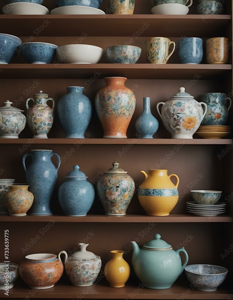 A collection of colorful, hand-painted ceramics displayed on open shelves in a light-filled studio, each piece a burst of creativity