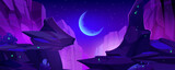 Night cartoon vector landscape with high rocky cliff edges over chasm on background of dark blue sky with stars and crescent moon. Mystic purple light from gap canyon surrounded by stone mountains.