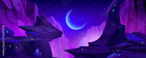 Night cartoon vector landscape with high rocky cliff edges over chasm on background of dark blue sky with stars and crescent moon. Mystic purple light from gap canyon surrounded by stone mountains. photo