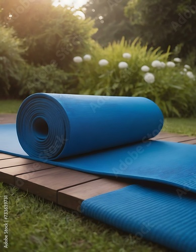 A bright blue yoga mat rolled out in a peaceful garden, surrounded by fresh greenery and flowers, the area bathed in the tranquil light of dawn