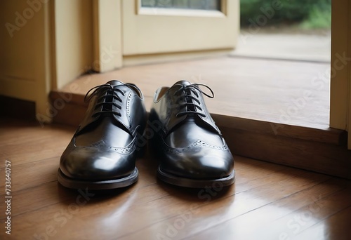 A pair of shiny, well-polished leather shoes placed neatly by the front door