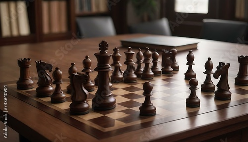 A polished mahogany chessboard on a library table  the pieces carved with exquisite detail  the ambient light casting a strategic glow over the game
