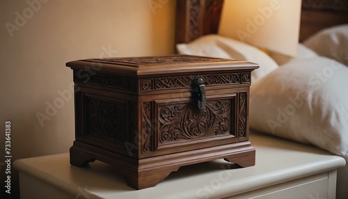 A small, carved wooden box on a bedside table