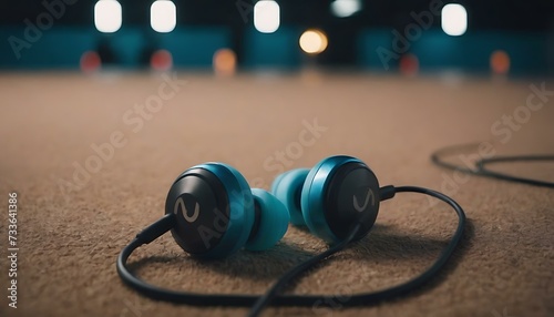 A pair of noise-isolating earbuds on a gym towel, their promise of rhythm and focus illuminated by the bright lights of the fitness center