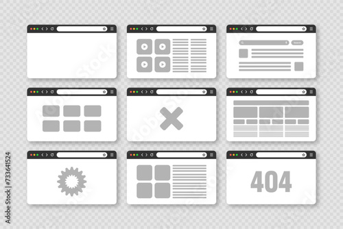 Web browser window, pages layout with toolbar and search field. Modern website, internet page in flat style. Browser mockup for computer, tablet and smartphone. Adaptive UI. Vector illustration