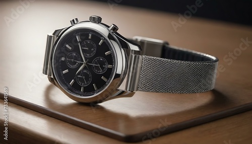 A modern, stainless steel watch on a dresser