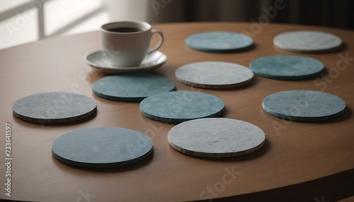 A set of stone coasters on a coffee table, their surface cool and smooth, the soft light in the room making them a practical yet elegant touch