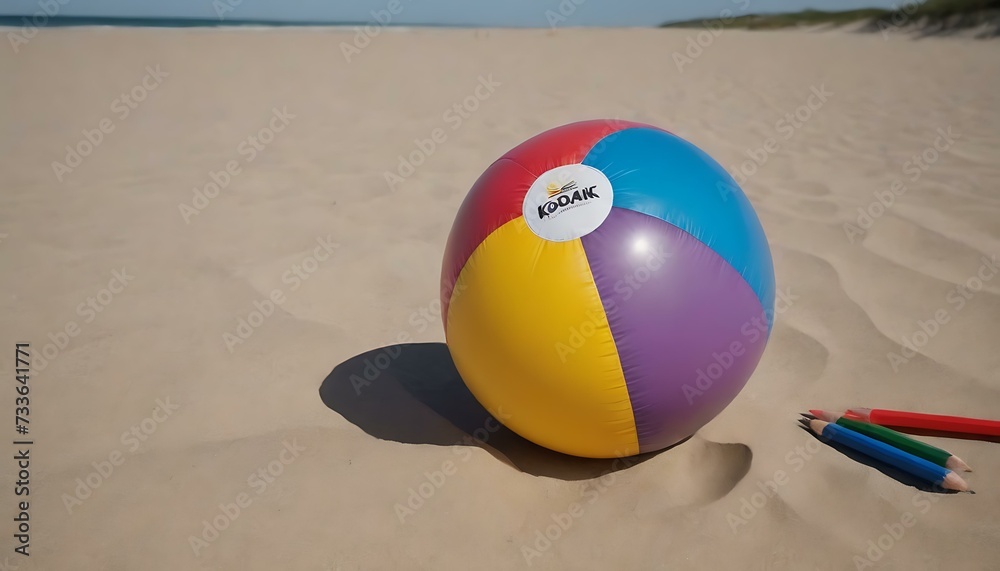 A bright, inflatable beach ball on the sandy shore