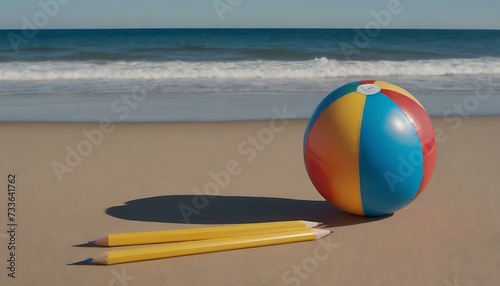 A bright, inflatable beach ball on the sandy shore