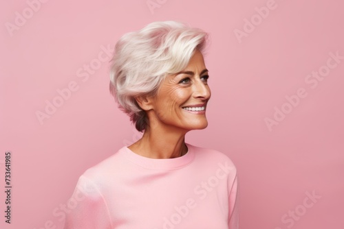 Mature woman with short white hair. Portrait of smiling mature woman in pink sweater on pink background.