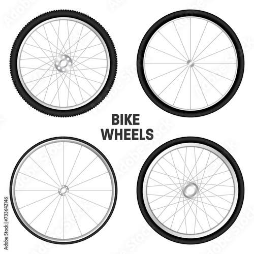 Realistic 3d bicycle wheels. Bike rubber tyres, shiny metal spokes and rims. Fitness cycle, touring, sport, road and mountain bike. Vector illustration