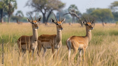 Reedbucks standing in tall savanna grass in the magical Okavango Delta in Botswana. 