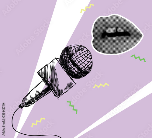 Vector music collage with sketch of microphone and lips in halftone