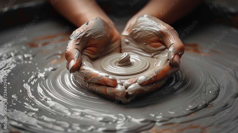 Fototapeta premium Hands shaping clay on pottery wheel