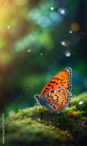 Beautiful butterfly sitting on moss in the woods.