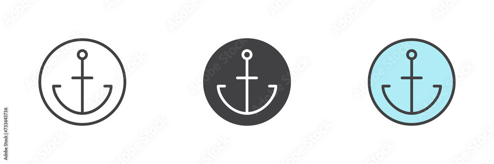 Anchor in a circle different style icon set Anchor in a circle different style icon set