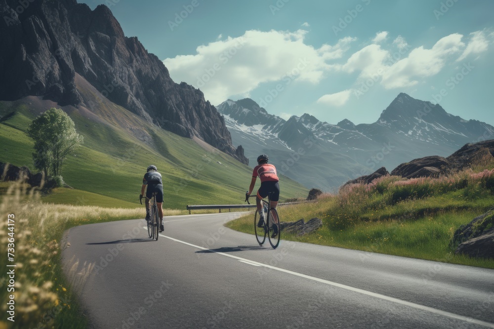 Cyclists on a scenic mountain road with picturesque landscape
