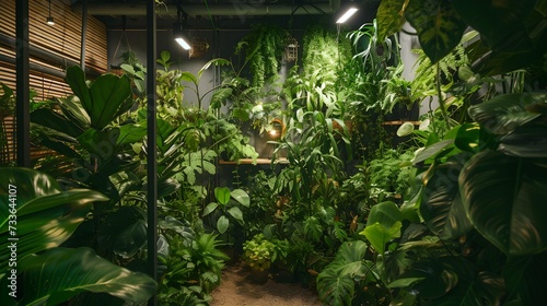 A vibrant, verdant scene with thriving green foliage indoors. 