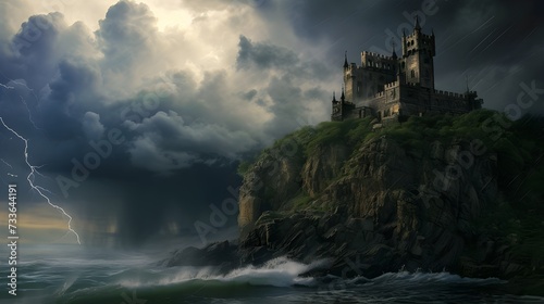 a storm brewing over a castle on a cliff