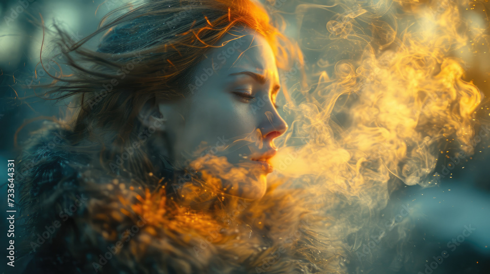 A woman in winter clothes exhales smoke on a frosty morning on the street.