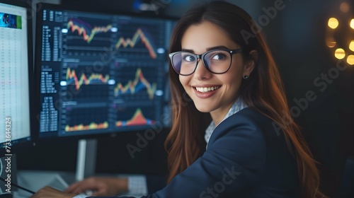 A smiling young businesswoman with glasses is sitting behind a desk looking at a monitor with a stock market graph monitoring market prices. widgets displaying the weather and the news daily schedule