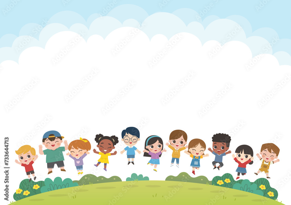 Happy Kids are jumping on the park with cloud background. Children's activities. Template for advertising brochure.