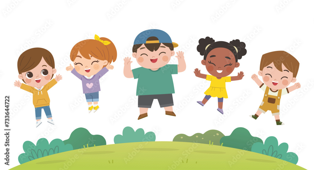 Happy Kids are jumping on the park with cloud background. Children's activities.