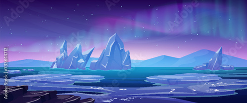 North pole landscape with aurora borealis. Vector cartoon illustration of winter seascape with ice pieces floating on cold water surface, snowy mountains on horizon, northern lights in starry sky