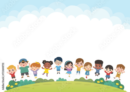 Happy Kids are jumping on the park with cloud background. Children's activities. Template for advertising brochure.