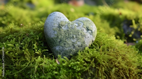 A heart-shaped stone resting on a bed of lush green moss. Perfect for nature-themed designs and romantic projects