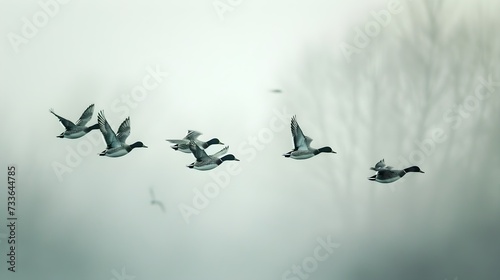 A group of Northern pintails flies through fog