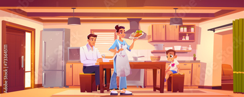 Happy family eating breakfast together at home. Vector cartoon illustration of kitchen interior with furniture and fridge, woman serving meal to son and husband sitting on chairs, healthy nutrition