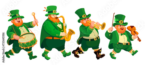 Four funny fat musicians in leprechaun costumes. People with a drum, trumpet, violin, saxophone. Cartoon characters on white. Flat-style Illustration for St. Patrick's Day, Irish holiday. Vector.