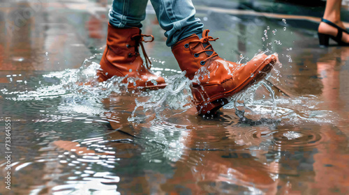 Feet splashing in puddle.
